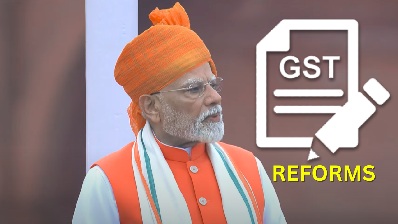 Infographic illustrating the proposed two-slab GST reforms and how GST 2.0 will simplify tax rates. pm modi announce gst reforms