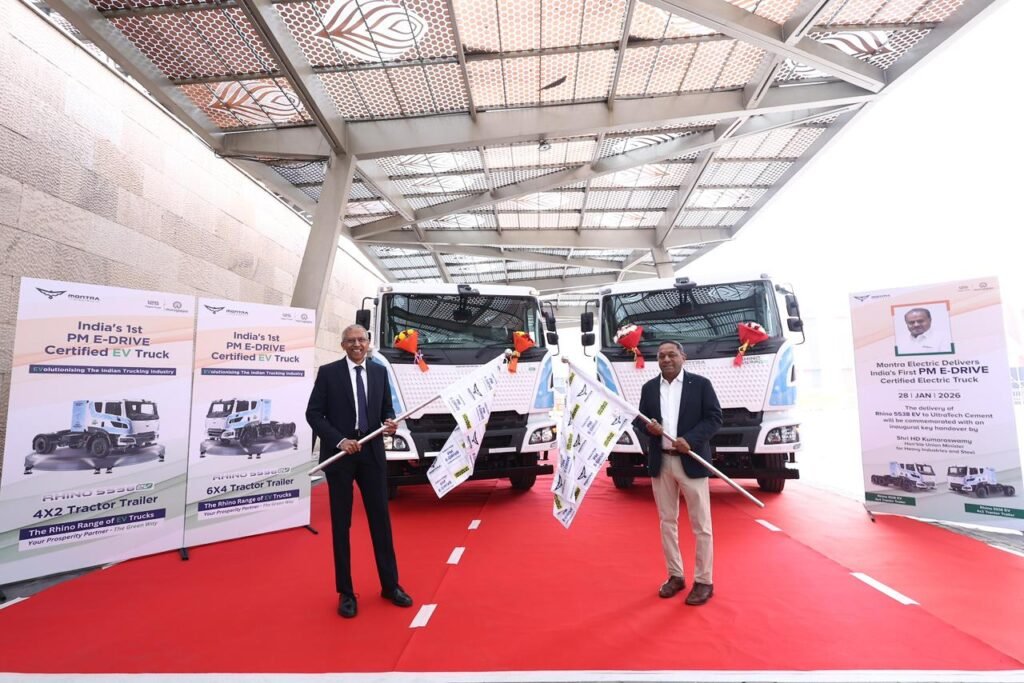 Montra Electric Chairman Arun Murugappan delivering the first PM E-Drive certified electric truck to UltraTech Cement